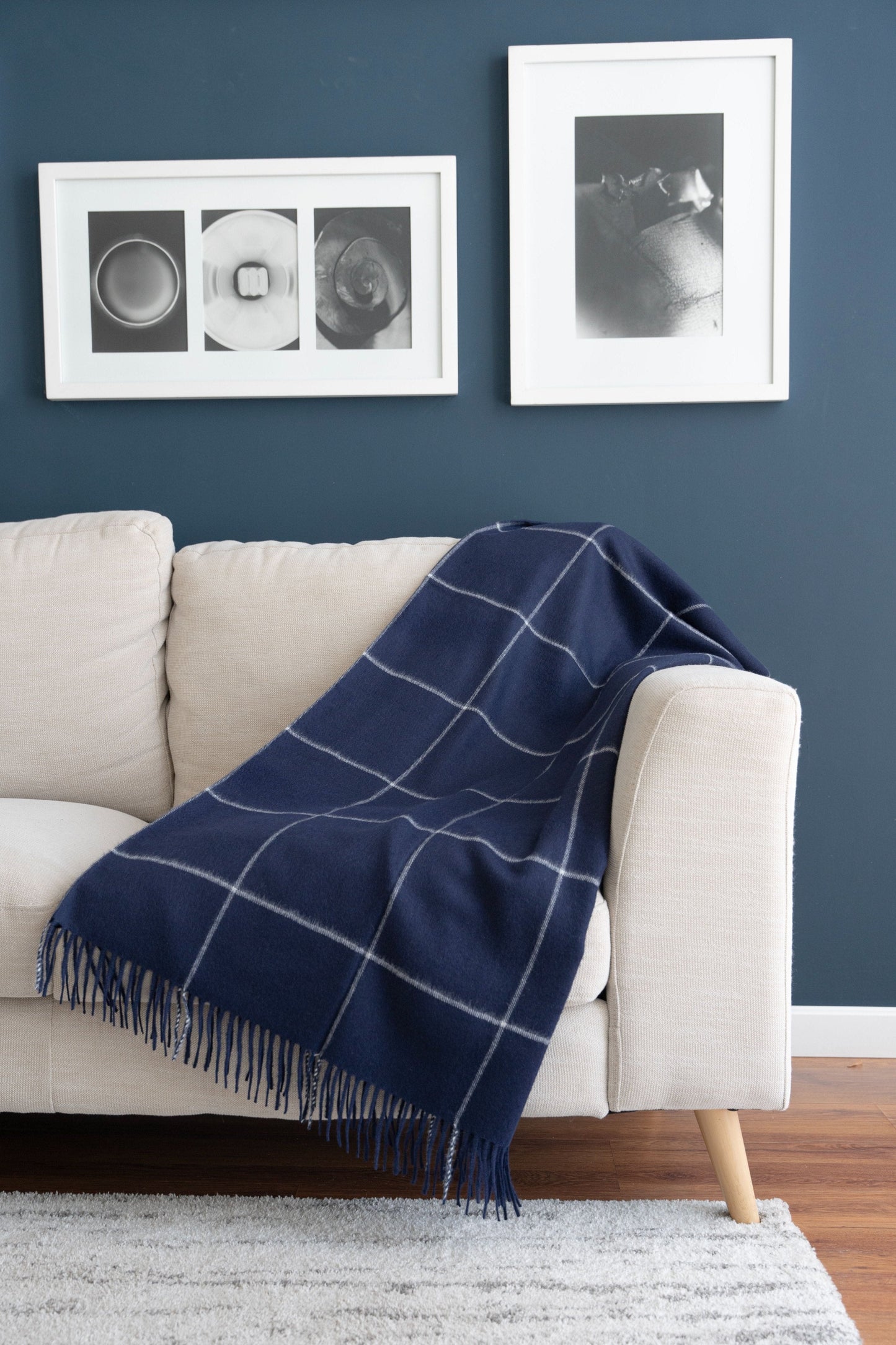 100% Baby Alpaca Windowpane Blanket - Navy