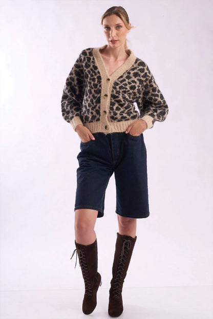 Leopard Print Alpaca Short Cardigan